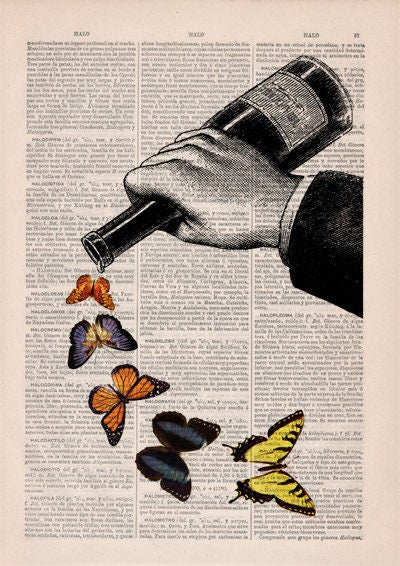 Butterflies and Wine bottle collage art print